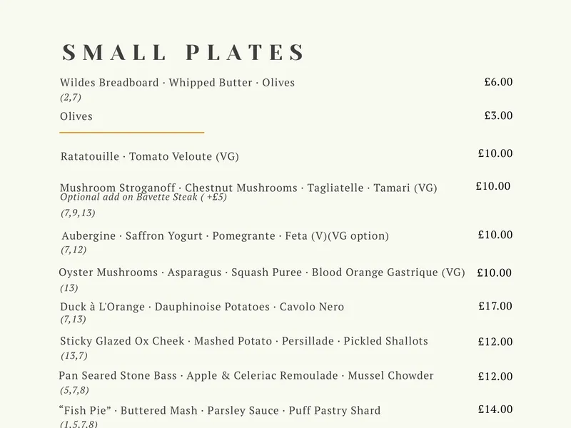 Small Plates menu at Wildes